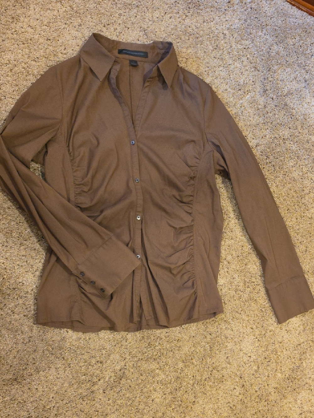 Express Brown Ruched-Side Button Down Shirt